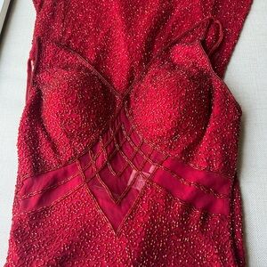 Scala formal prom beading sheer open back red gown silk